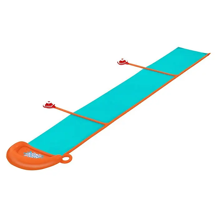 Bestway Wasserrutsche H2OGO! Fontäne - Aquamarin/Orange - Lange türkise Wasserrutsche mit orangefarbenen aufblasbaren Rändern, einem Planschbecken und zwei Sprinkleraufsätzen.