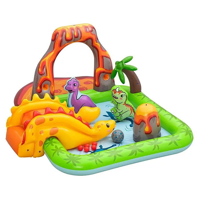 Bestway Planschbecken Wasserspielcenter Vulkan - 188 x 262 x 102 cm - Buntes aufblasbares Dinosaurier-Spielzentrum mit Vulkan, Palme, Rutsche und verschiedenen Dinosaurierfiguren, aus PVC.
