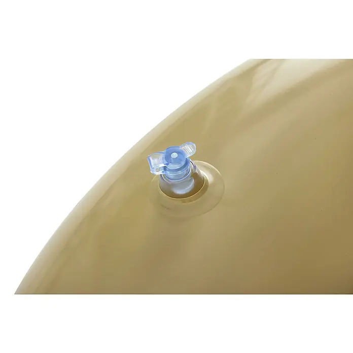 Bestway Schwimmring Donut - Braun/Türkis - Transparentes blaues Aufblasventil an einem beigen aufblasbaren Gegenstand.