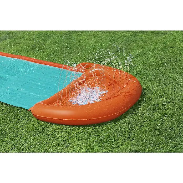 Bestway Wasserrutsche H2OGO! Fontäne - Aquamarin/Orange - Eine orange-blaue Wasserrutsche mit Wasserspritzern.