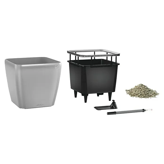 Lechuza Pflanzkasten Quadro Premium - Außenmaß (L x B x H): 43 x 43 x 39 cm, Kunststoff, Silber - Silbergrauer Übertopf, schwarzer Pflanzeinsatz, Bewässerungsgitter, Pflanzsubstrat und Wasserstandsanzeiger für ein Selbstbewässerungssystem.