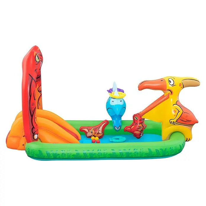 Bestway Planschbecken Jurassic Splash - 241 x 140 x 137 cm - Buntes aufblasbares Dinosaurier-Wasserspielzentrum mit Rutsche, Becken und mehreren Dinosaurierfiguren.