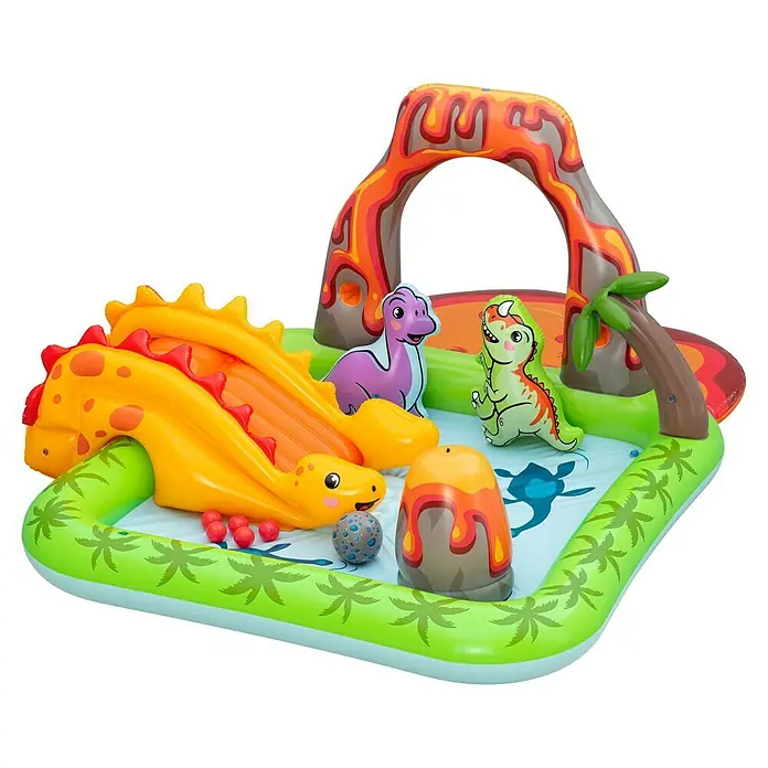 Bestway Planschbecken Wasserspielcenter Vulkan - 188 x 262 x 102 cm - Farbenfrohes aufblasbares Dino-Wasserspielcenter mit Rutsche, Vulkanbogen und verschiedenen Dino-Figuren.