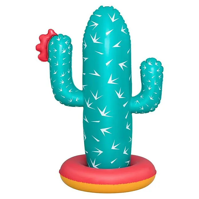 Bestway Wassersprüher Kaktus - Grün - Türkisfarbener aufblasbarer Kaktus-Poolschwimmer mit weißen Stachelmustern, einer roten Blüte am Arm und rotem-gelbem Sockel.