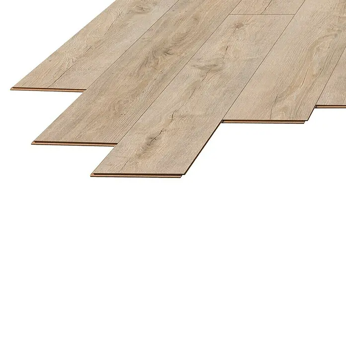 LOGOCLIC Laminado Hidro Roble Santorini - 1.380 x 191 x 12 mm, Marrón, AC5, Resistente al agua - Lamas de suelo laminado de madera beige claro con textura desgastada, parcialmente colocadas.