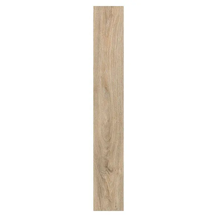 LOGOCLIC Laminado Hidro Roble Santorini - 1.380 x 191 x 12 mm, Marrón, AC5, Resistente al agua - Azulejo cerámico imitación madera marrón claro con patrón de veta distintivo.