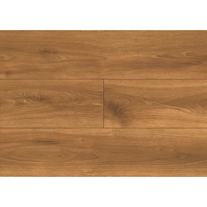 LOGOCLIC Laminado Hidro Roble Silen - 1.380 x 191 x 12 mm, Marrón, AC5, Resistente al agua - Suelo de madera marrón claro con veta natural y nudos, con divisiones de tablas distintas.