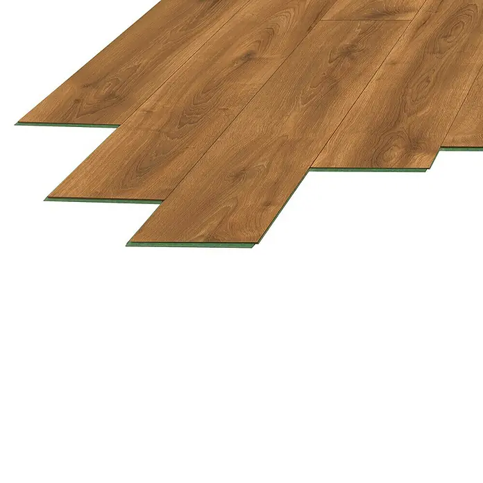 LOGOCLIC Laminado Hidro Roble Silen - 1.380 x 191 x 12 mm, Marrón, AC5, Resistente al agua - Tablones de suelo laminado marrón instalándose, con base verde visible.