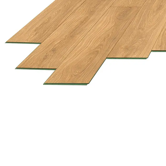 LOGOCLIC Laminado Hidro Roble Strom - 1.380 x 191 x 12 mm, Marrón, AC5 - Tablas de suelo laminado de madera clara con base verde, parcialmente instaladas.