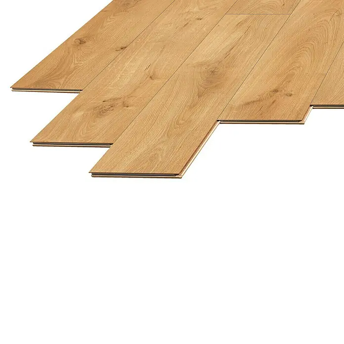LOGOCLIC Laminado Hidro Roble Duna - 1.380 x 191 x 8 mm, Marrón, AC4, Resistente al agua - Tablas de suelo laminado de madera clara, parcialmente instaladas, mostrando el sistema de unión.
