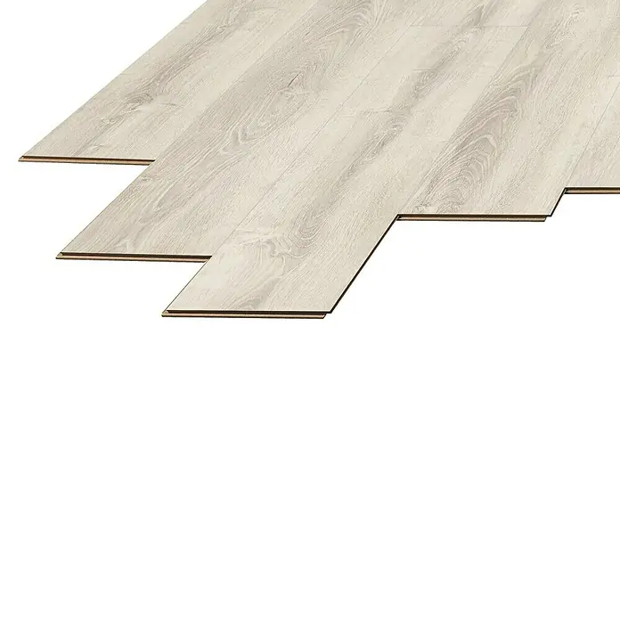 LOGOCLIC Laminado Roble Silva - 1.380 x 193 x 10 mm, Beige, AC5 - Tablas de suelo laminado claro en instalación.