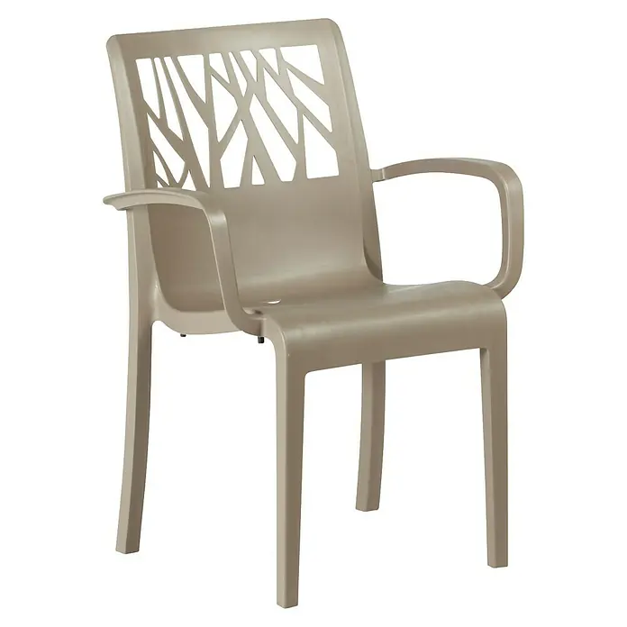 Grosfillex Stapelsessel Set Vegetal - 4 Stk., Polypropylen, Taupe, B x T x H: 60 x 58 x 88 cm - Beiger Kunststoffstuhl mit Armlehnen und einer dekorativen, astförmig gemusterten Rückenlehne.