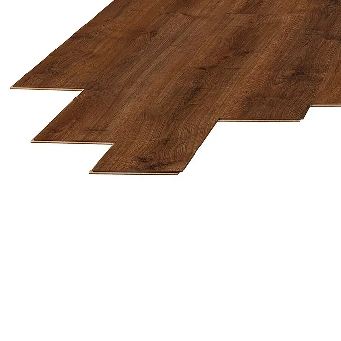 LOGOCLIC Laminado Roble Arabica - 1.380 x 193 x 8 mm, Marrón, AC4 - Tablas de suelo laminado de madera marrón en proceso de instalación, mostrando el mecanismo de encaje.