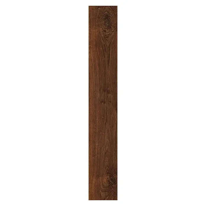 LOGOCLIC Laminado Roble Arabica - 1.380 x 193 x 8 mm, Marrón, AC4 - Tabla de madera marrón oscuro con veta y nudos prominentes, apta para suelos o paredes.