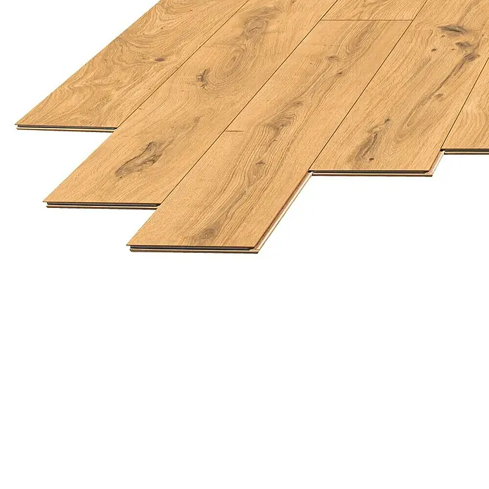 LOGOCLIC Laminado Hidro Roble Norden - 1.380 x 191 x 8 mm, Marrón, AC4, Resistente al agua - Lamas de parquet laminado de madera clara con veta visible, dispuestas con bordes de encaje para instalación.