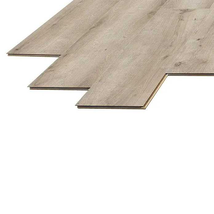 LOGOCLIC Laminado Hidro Roble Portofino - 1.380 x 191 x 8 mm, Marrón, AC4, Resistente al agua - Tablones de suelo laminado de madera clara, parcialmente colocados.