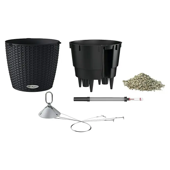 Lechuza Cottage Blumenampel Nido - Außenmaß (Ø x H): 27 x 23 cm, Kunststoff, Graphit - Schwarzes Bewässerungspflanzgefäß im Rattan-Look mit Innentopf, Wasserstandsanzeiger, Aufhängung und Pflanzsubstrat.