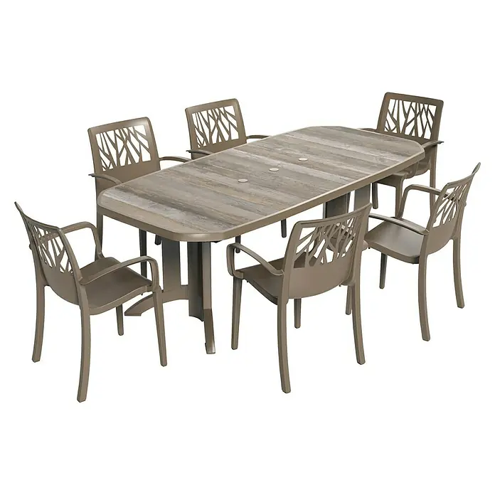 Grosfillex Stapelsessel Set Vegetal - 4 Stk., Polypropylen, Taupe, B x T x H: 60 x 58 x 88 cm - Beiges Outdoor-Essgruppe: ovaler Tisch mit Holzoptik-Platte und sechs Stühle mit Ast-Rückenlehne.