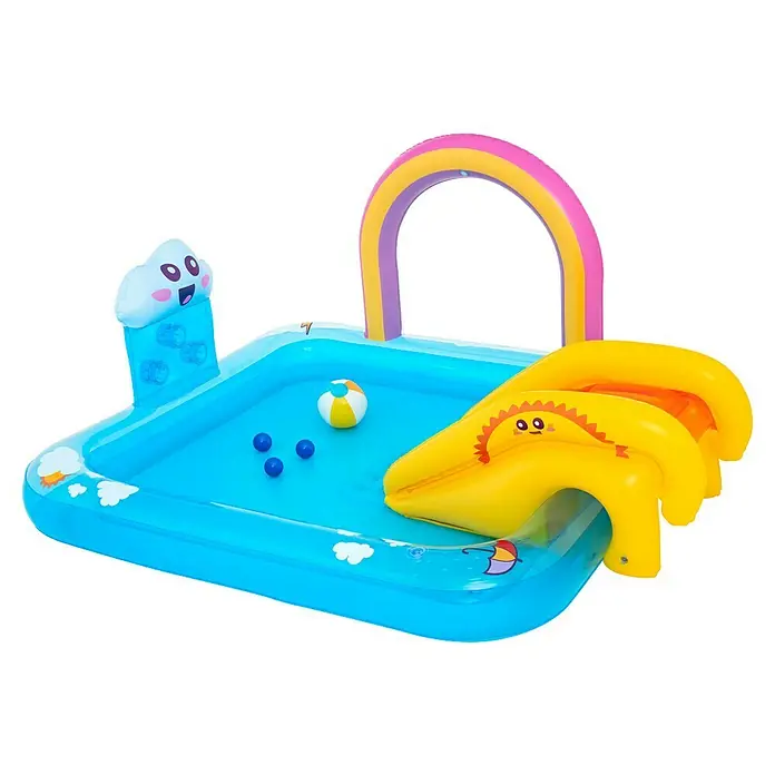 Bestway Planschbecken Wasserspielcenter Regenbogen - 150 x 188 x 89 cm - Bunter aufblasbarer Kinderplanschbecken mit Regenbogenbogen, Sonnenrutsche, Wolken-Sprinkler und Bällen.