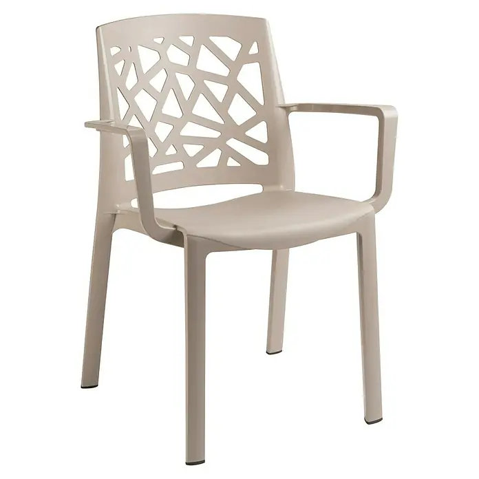 Grosfillex Stapelsessel Set Stuart - 4 Stk., Polypropylen, Stapelbar, Beige, B x T x H: 58 x 52 x 81 cm - Beiger Kunststoffstuhl mit geometrisch gemusterter Rückenlehne und Armlehnen.