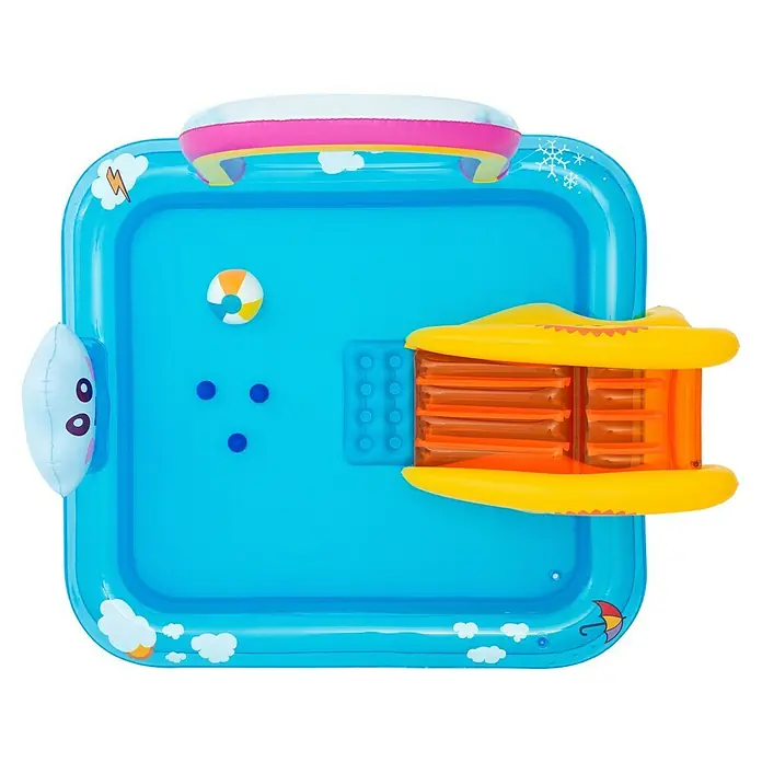 Bestway Planschbecken Wasserspielcenter Regenbogen - 150 x 188 x 89 cm - Blaues aufblasbares Kinderbecken mit gelb-orangefarbener Rutsche, aufblasbarem Kissen, Wasserball und kleinen blauen Bällen.