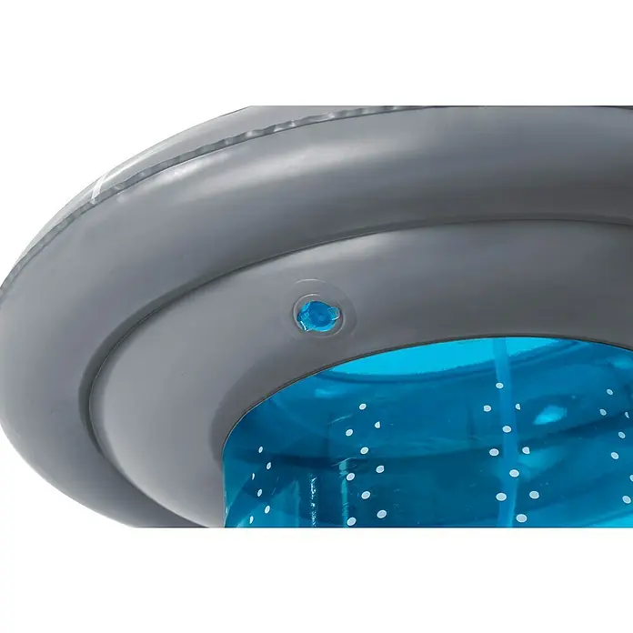 Bestway Boxsack UFO mit Wassersprinkler - Blau - Grau-blauer aufblasbarer Artikel mit Ventil und weißen Punkten.