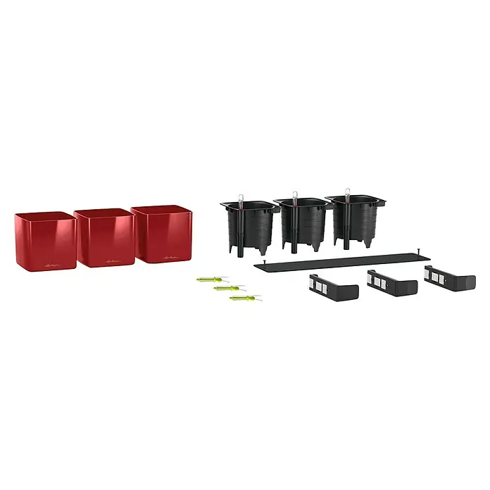Lechuza Wand-Pflanzkasten Kit Glossy - Außenmaß (L x B x H): 48 x 15 x 14 cm, Kunststoff, Rot - Rote selbstbewässernde Pflanzgefäße mit schwarzen Einsätzen, Wasserstandsanzeigern, grünen Dochten, Montageschiene und Wandhalterungen.