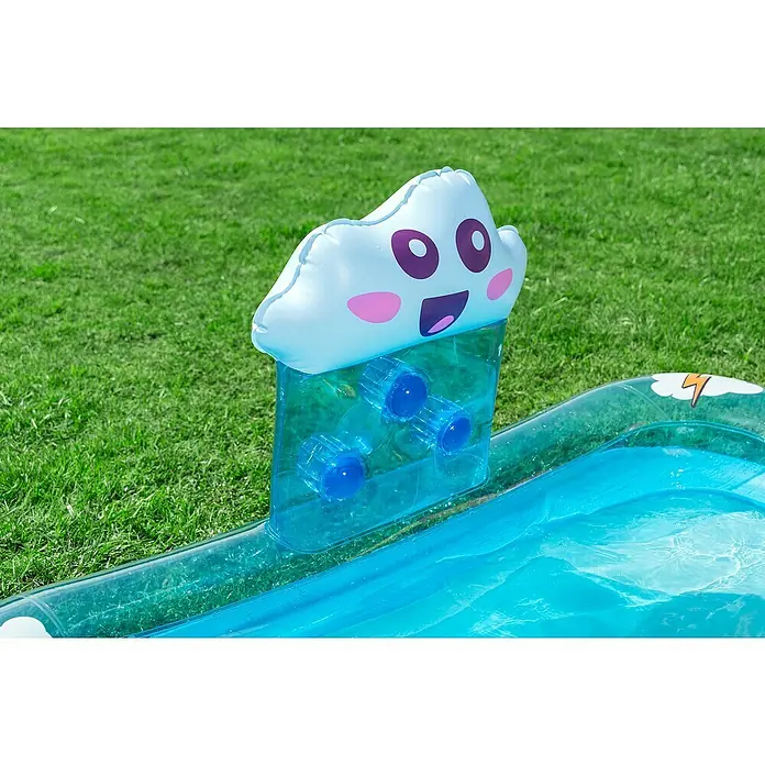 Bestway Planschbecken Wasserspielcenter Regenbogen - 150 x 188 x 89 cm - Blaues aufblasbares Kinderplanschbecken mit weißem Wolken-Sprinkleraufsatz und Wasser, für draußen.