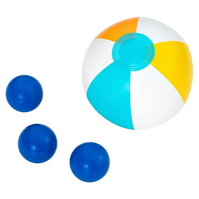 Bestway Planschbecken Wasserspielcenter Regenbogen - 150 x 188 x 89 cm - Ein bunter Wasserball mit orangefarbenen, weißen, gelben und blauen Feldern, daneben drei kleine blaue Spielbälle.