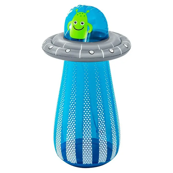 Bestway Boxsack UFO mit Wassersprinkler - Blau - Aufblasbarer Alien-UFO-Schwimmkörper mit grünem Alien und blauem Strahl.