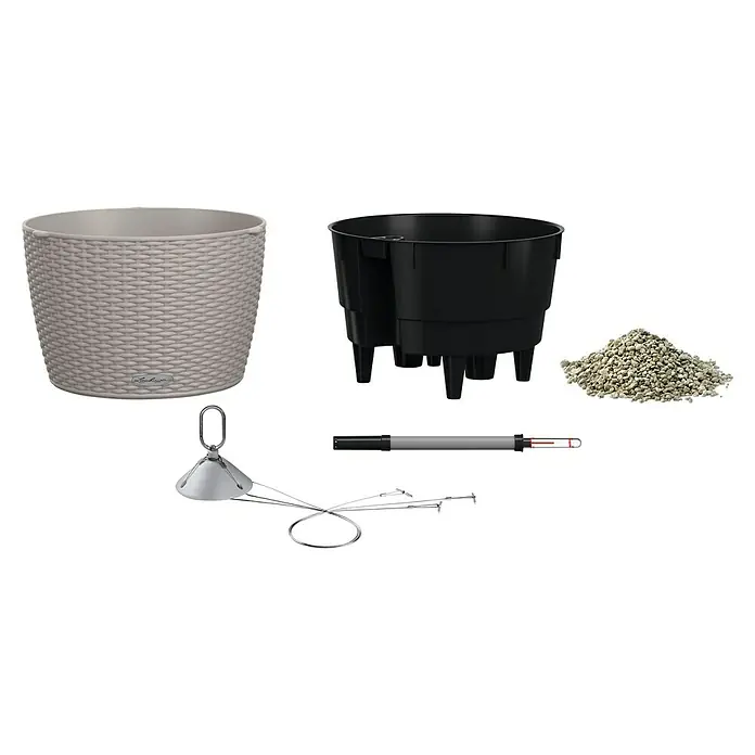 Lechuza Cottage Blumenampel Nido - Außenmaß (Ø x H): 27 x 23 cm, Kunststoff, Sandbraun - Selbstbewässerndes Pflanzsystem mit hellgrauem Flechtgefäß, schwarzem Innentopf, Substrat und Wasserstandsanzeiger.