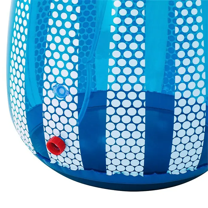 Bestway Boxsack UFO mit Wassersprinkler - Blau - Blaues aufblasbares Becken mit weißen Tupfenstreifen, mit klarem Ventil und rotem Stopfen.
