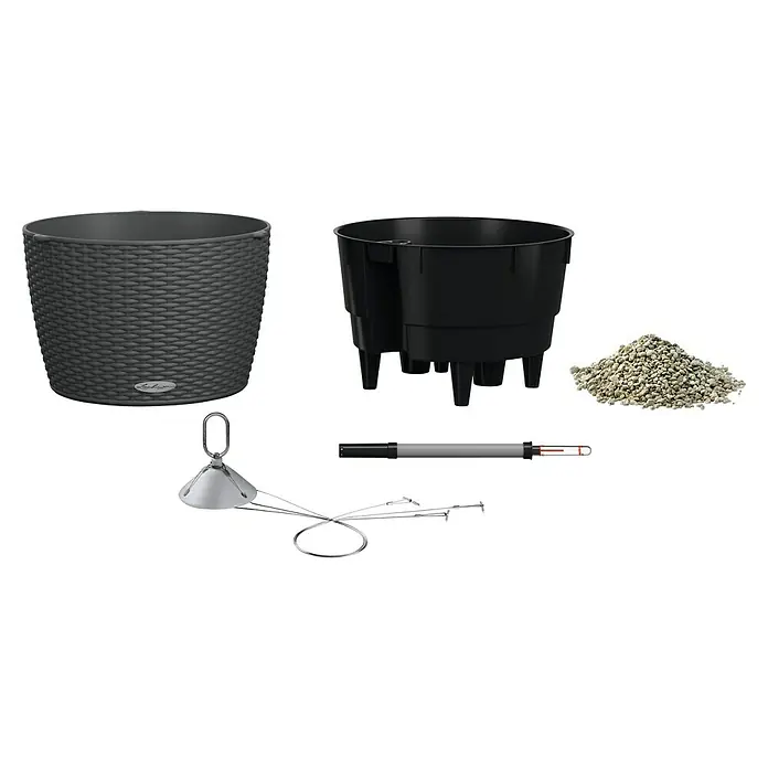 Lechuza Cottage Blumenampel Nido - Außenmaß (Ø x H): 35 x 23 cm, Kunststoff, Granit - Bestandteile eines Selbstbewässerungssystems: grauer Korb-Pflanztopf, schwarzer Innentopf, Gießtunnel, Wasserstandsanzeiger und Pflanzgranulat.