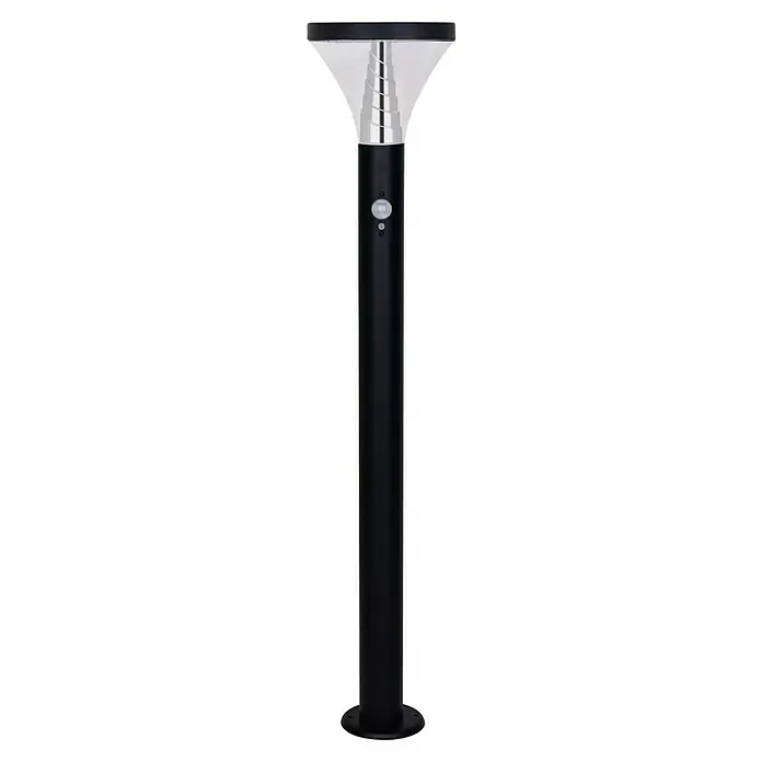 Luceco Sobremuro solar solar LED Cone - Ø x Al: 16 x 80 cm, Negro, Blanco cálido, IP44 - Baliza solar cilíndrica negra con sensor de movimiento y parte superior plateada-blanca para iluminación exterior.