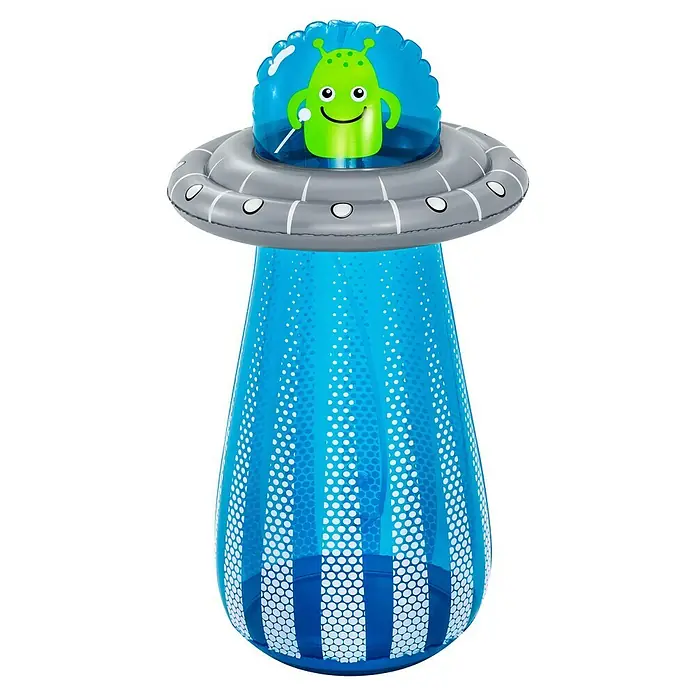 Bestway Boxsack UFO mit Wassersprinkler - Blau - Aufblasbarer UFO-Sprinkler mit grünem Alien im Cockpit und blauem Wasserstrahl-Sockel mit weißen Punkten.