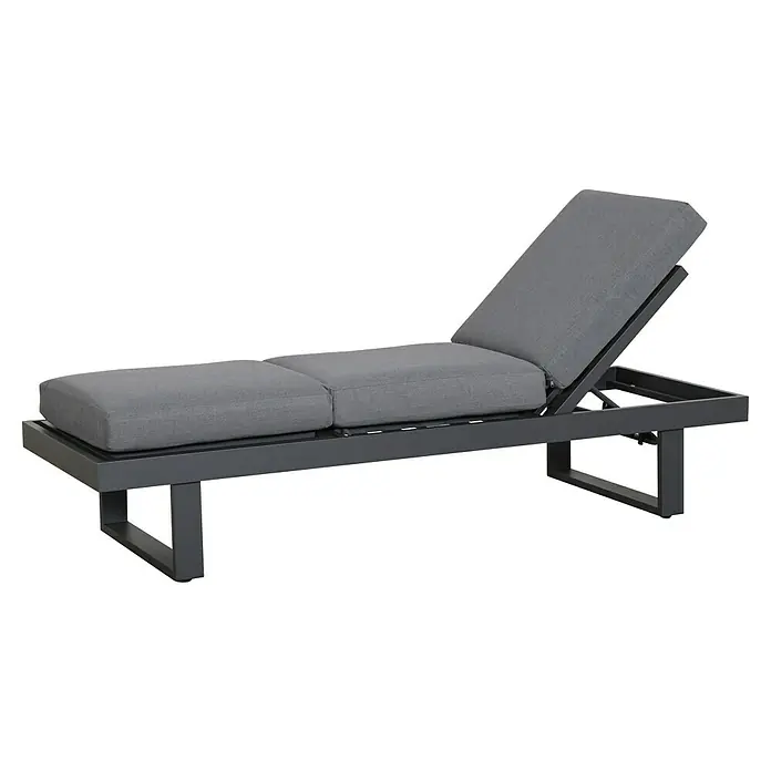 Gartenbank Fargo - B x T x H: 210 x 73 x 96 cm, Aluminium, SDP, Grau - Dunkelgraue Metall-Sonnenliege mit weichen grauen Kissen und verstellbarer Rückenlehne.