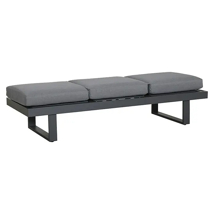 Gartenbank Fargo - B x T x H: 210 x 73 x 96 cm, Aluminium, SDP, Grau - Graue Gartenbank mit dunkelgrauem Metallrahmen und drei weichen grauen Kissen.