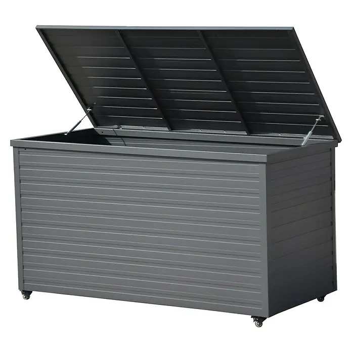 Kissenbox Baltimore - L x B x H: 162,5 x 76,5 x 91 cm, Aluminium, Anthrazit - Graue Metall-Gartenbox mit geöffnetem Deckel, horizontal gerippt und mit Rollen.