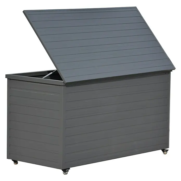 Kissenbox Baltimore - L x B x H: 162,5 x 76,5 x 91 cm, Aluminium, Anthrazit - Graue Lamellen-Aufbewahrungsbox auf Rollen mit teils offenem Deckel und Gasdruckfeder.