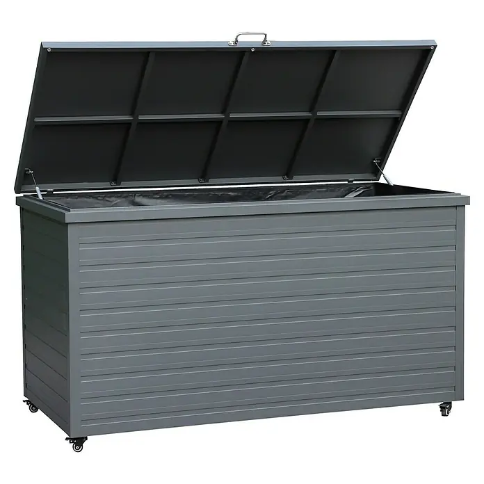 Kissenbox Baltimore - L x B x H: 162,5 x 76,5 x 91 cm, Aluminium, Anthrazit - Anthrazitfarbene Outdoor-Aufbewahrungsbox mit offenem Deckel, schwarzem Innenfutter, Lamellendesign und Rollen.
