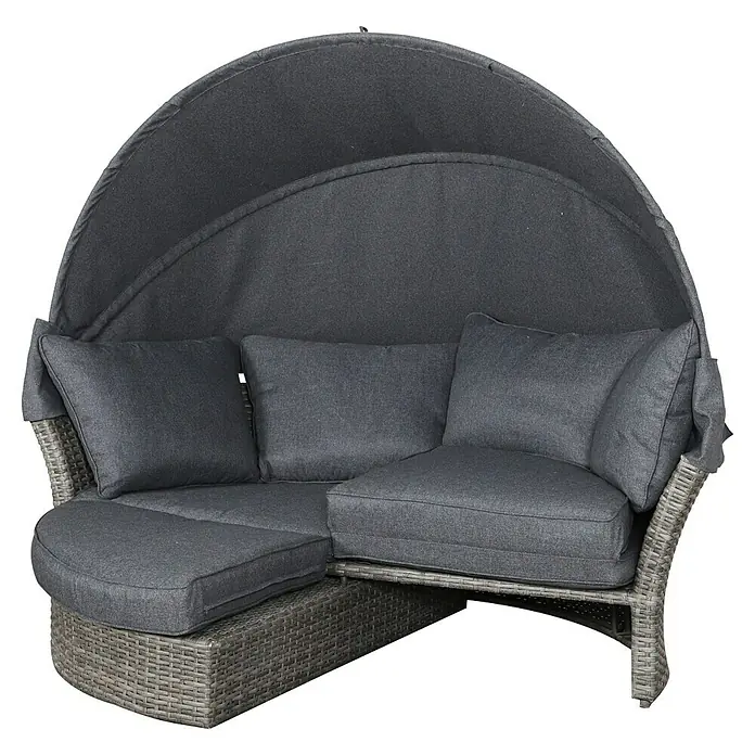 Loungeliege Seattle - L x B x H: 196 x 181 x 167 cm, Aluminium, Grau, Inklusive Schutzhülle - Graues Rattan-Ecksofa für den Außenbereich mit dunkelgrauen Kissen und ausziehbarer Stoffüberdachung.