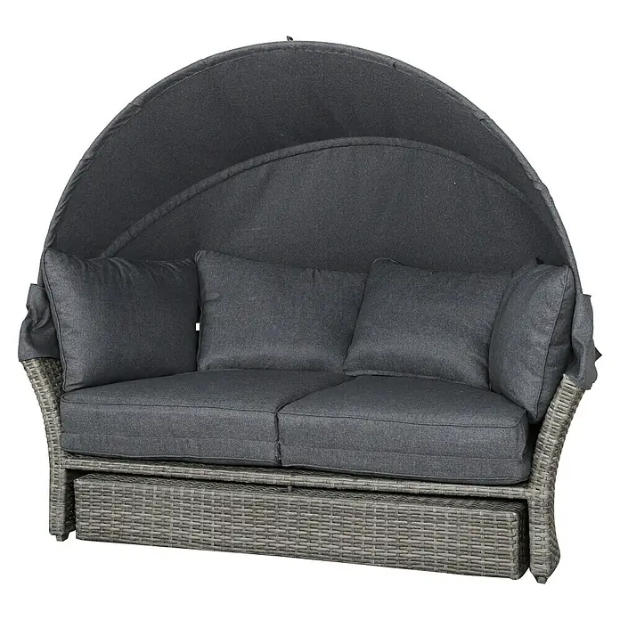 Loungeliege Seattle - L x B x H: 196 x 181 x 167 cm, Aluminium, Grau, Inklusive Schutzhülle - Graues Rattan-Outdoor-Daybed mit dunkelgrauen Kissen und verstellbarem Sonnendach.