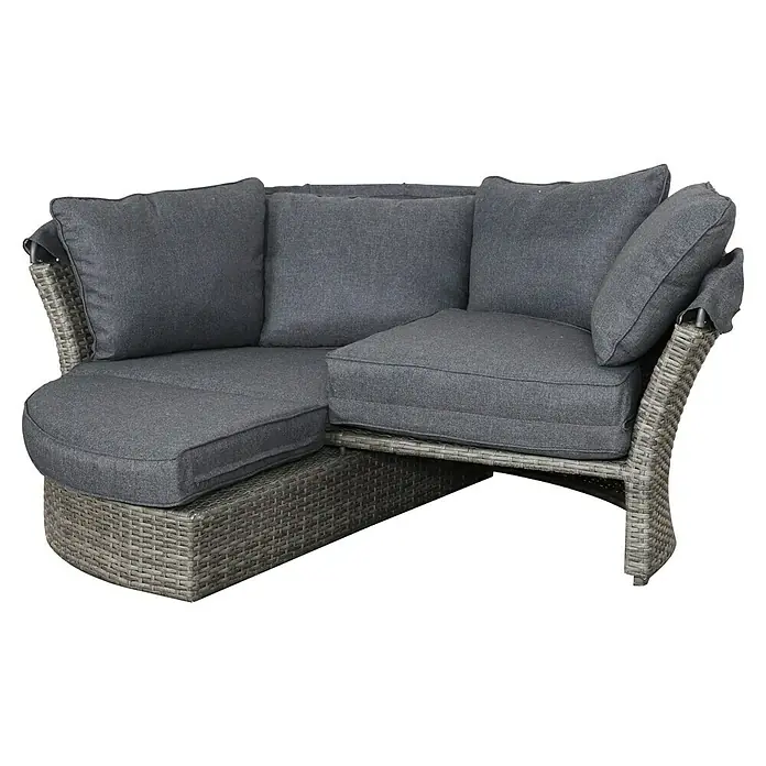 Loungeliege Seattle - L x B x H: 196 x 181 x 167 cm, Aluminium, Grau, Inklusive Schutzhülle - Graues Rattan-Ecksofa mit dunkelgrauen Stoffkissen, für den Außen- oder Innenbereich.