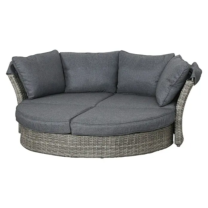 Loungeliege Seattle - L x B x H: 196 x 181 x 167 cm, Aluminium, Grau, Inklusive Schutzhülle - Rundes Outdoor-Sofa aus grauem Rattan mit grauen Stoffkissen.