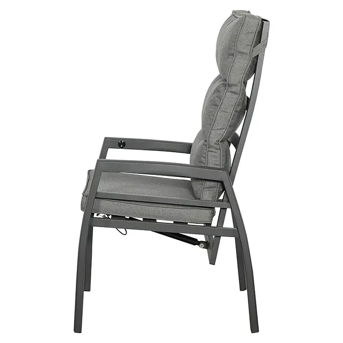 Garten-Positionssessel - Aluminium, Rückenlehne verstellbar, Anthrazit, B x T x H: 58 x 66 x 108,5 cm - Seitenansicht eines grauen Outdoor-Loungestuhls aus Metall mit plüschigen grauen Kissen.