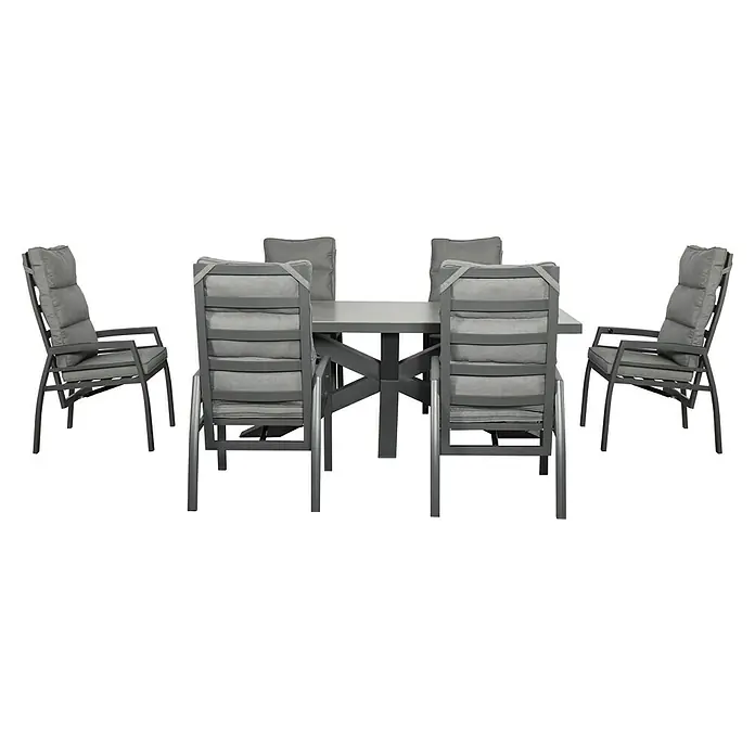 Garten-Positionssessel - Aluminium, Rückenlehne verstellbar, Anthrazit, B x T x H: 58 x 66 x 108,5 cm - Graue Outdoor-Essgruppe mit rechteckigem Tisch und sechs Stühlen mit grauen Polstern.