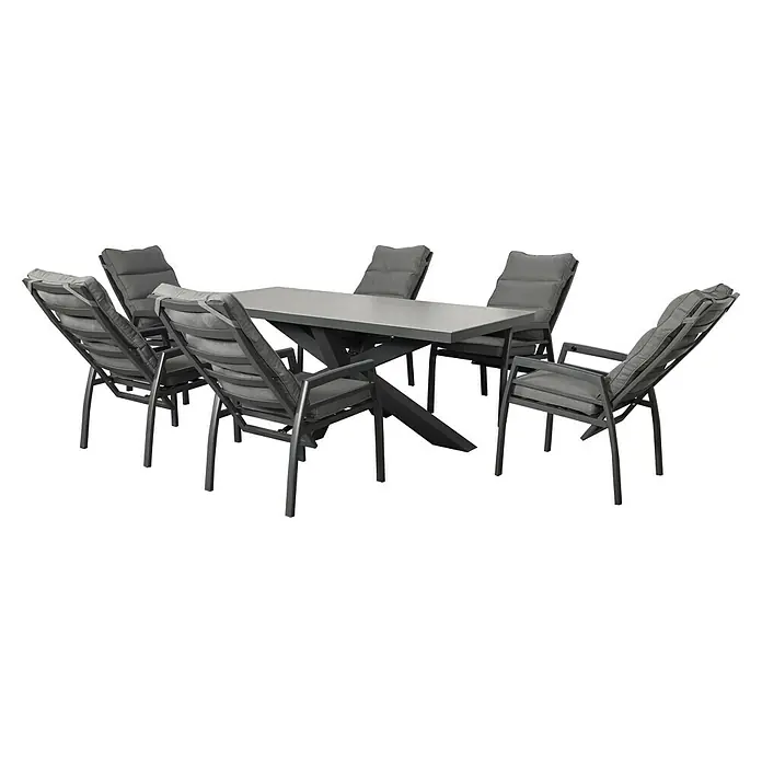 Garten-Positionssessel - Aluminium, Rückenlehne verstellbar, Anthrazit, B x T x H: 58 x 66 x 108,5 cm - Moderner grauer Gartentisch mit rechteckiger Platte und sechs gepolsterten Stühlen.