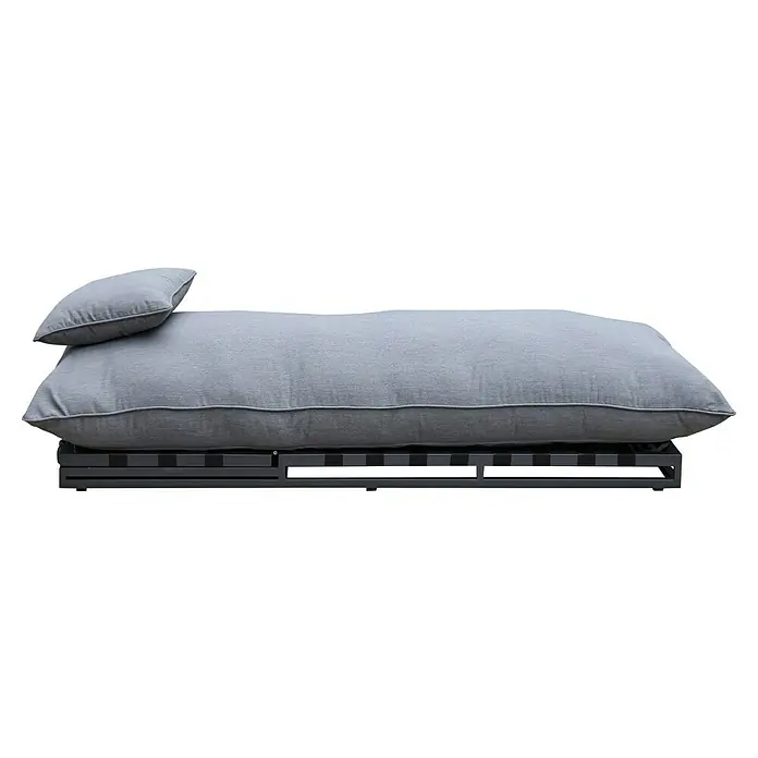 Sonnenliege Bona Promo - B x T x H: 100 x 200 x 35 cm, Aluminium, Grau - Graues Outdoor-Loungekissen-Set mit kleinem Kissen auf schwarzem Metallrahmen.