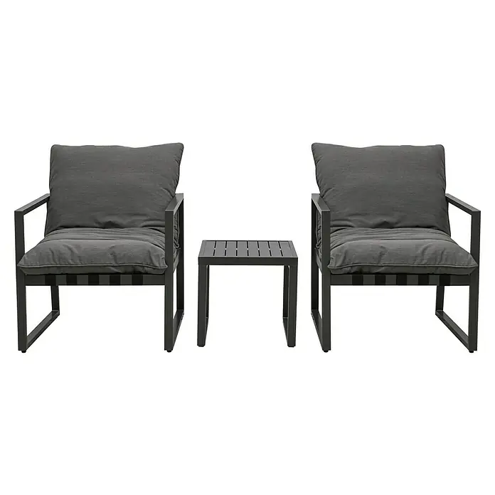 Loungemöbel-Set Coral - 4 -tlg., Aluminium, Polyester, Grau - Zwei dunkelgraue Polstersessel mit schwarzen Metallgestellen und einem passenden schwarzen Latten-Beistelltisch.