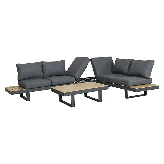 Loungemöbel-Set Lugano - 3 -tlg., Aluminium, Anthrazit/Braun - Dunkelgraue modulare Outdoor-Lounge-Sitzgruppe mit verstellbaren Rückenlehnen, hellen Holz-Akzenten und passendem Couchtisch.